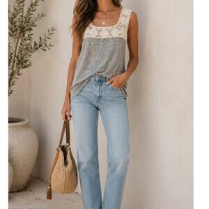 True Grit Crochet Lace Trim Gray Sleeveless Knit Tank Top Boho Medium NEW